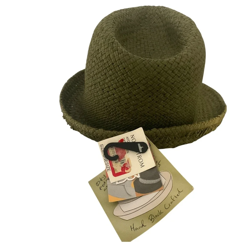D&Y Olive Green Woven Paper Straw Fedora Sun Hat AFD8449 NWT